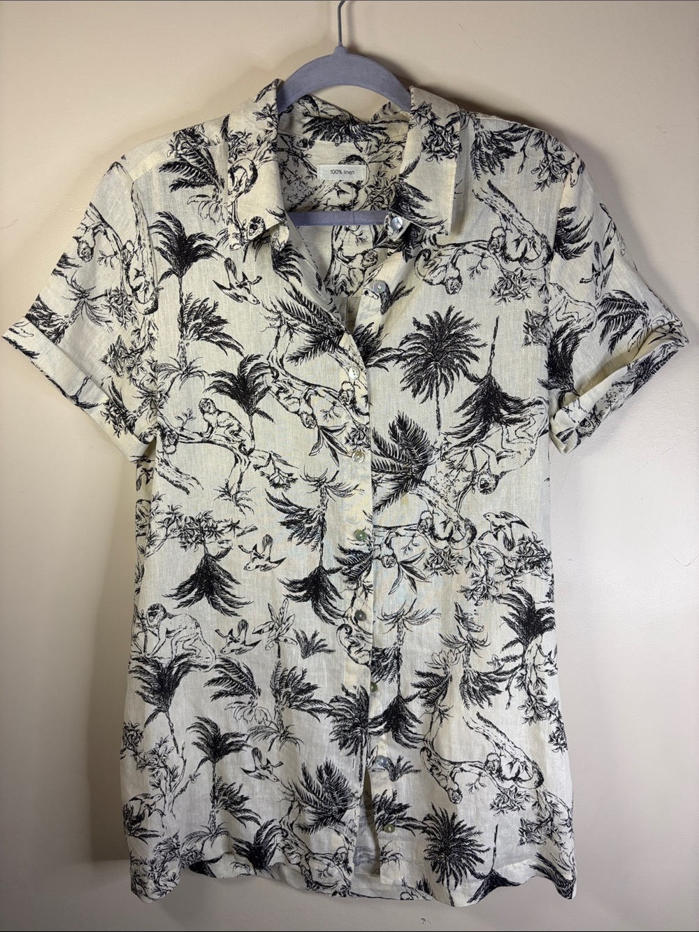 Joie Cream and Black Linen Tropical Print Button-Down Dress Shirt w/pockets
